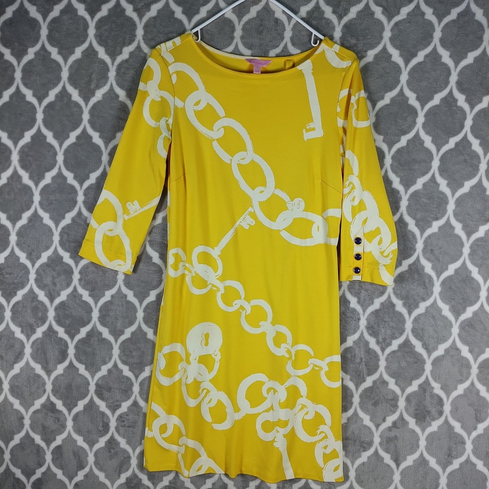 Lilly Pulitzer Shift Dress Size Small Yellow Jonah Chain Key 3/4 Sleeve Boatneck